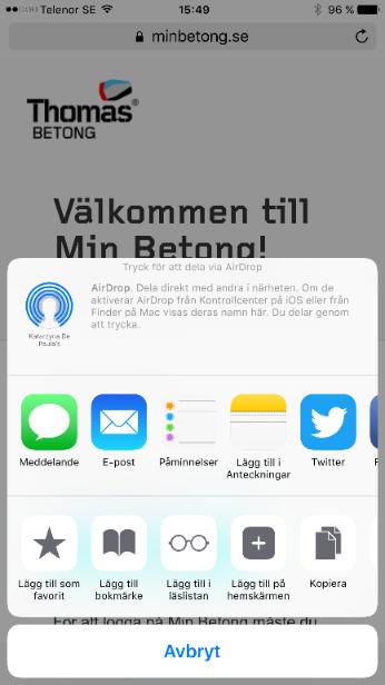 Tryck på delningsknappen längst ned i Safari-fönstret när du surfar på https://minbetong.se 1.. 2.