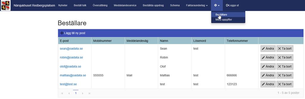 Beställare Här kan man som huvudkund skapa nya beställare (Lägg till ny post), ta bort eller ändra