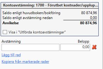 Avstämningar I detta avsnitt finns det som behövs för att effektivt kunna göra avstämningar. Kontoavstämning För att göra en avstämning på ett konto finns det två alternativ i programmet.