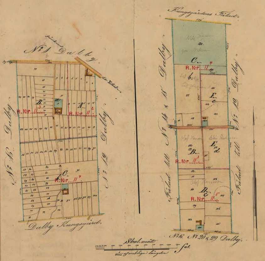 Hemmansklyvning 1877. 1877 delades hela Dalby 11 upp i mindre bitar, s.k. hemmansklyvning. Detta gällde både den västra och den östra delen. Delarna heter 11:2, 11:3, 11:4 o 11:5 (Markerat med rött).