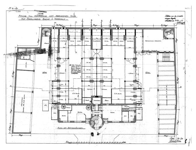 8 Antikvarisk förundersökning Överst till vänster: Ritning till den norra gårdslygeln daterad 1913. Lokalerna erbjöd rikligt med förvaringsutrymme. Ur Stadsbyggnadskontorets arkiv.