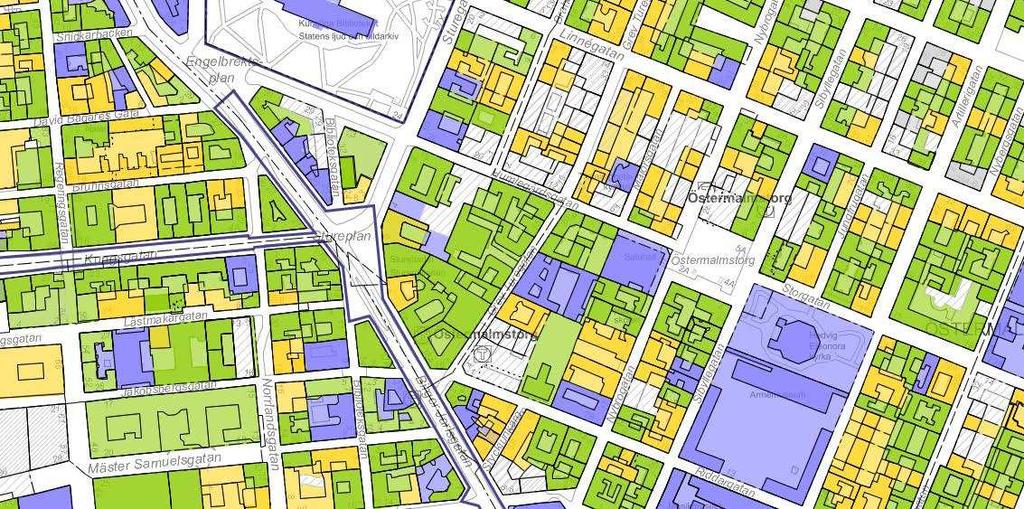 - Det stora reglerings- och utbyggnadsområdet på malmarna, med planstruktur, kyrkor, offentliga byggnader och bostäder.