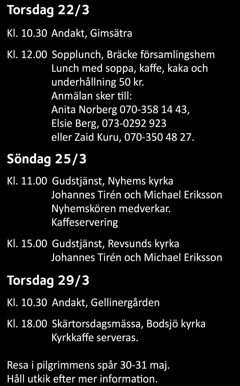 00 Gudstjänst, Nyhems kyrka Johannes Tirén och Michael Eriksson Nyhemskören medverkar.