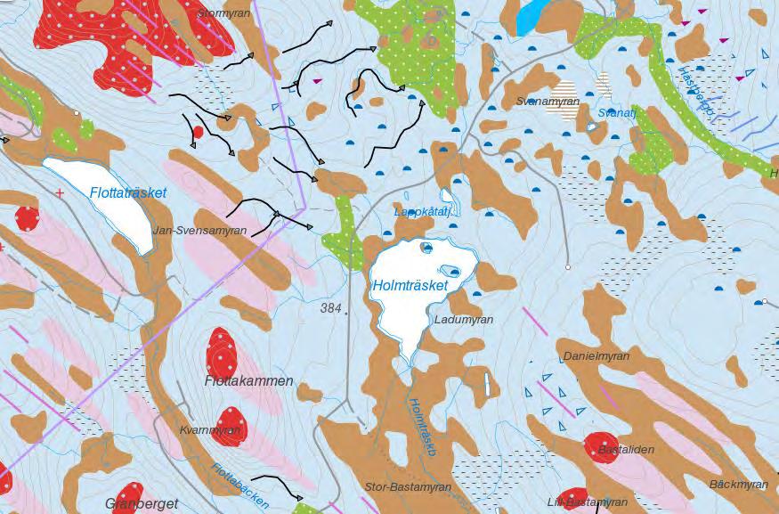 8 Områdets förutsättningar Utredningsområdet ingår i ett större moränmarksområde med inslag av torv i myrmarker, mindre inslag av isälvssediment med grus samt av berg med tunt moränlager (SGU