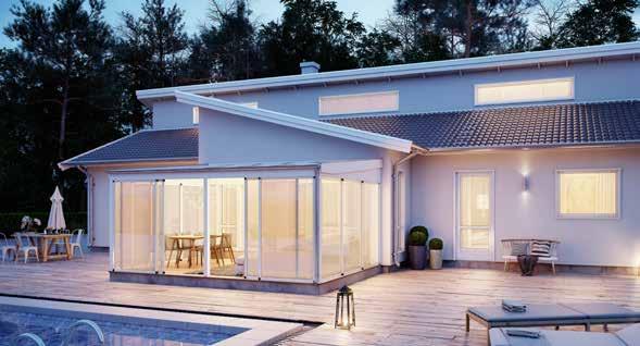 LED-belysningen under takfoten skapar ett stämningsfullt ljus under dygnets mörkare timmar.