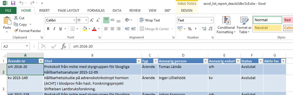 4. Exportera till Excel Gå in på Hantering och välj Exportera till kalkylblad, så kommer den träfflista du har sökt fram att exporteras till Excel, och öppnas där. 5.