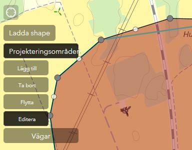 Du kan antingen redigera ytan manuellt eller genom att läsa in en ny shapefil. När du ska redigera manuellt aktiverar du redigeringen genom att i vänsterpanelen klicka på knappen Redigera i karta.