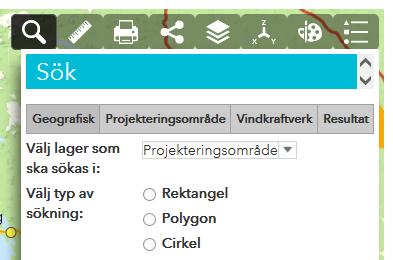 Nedan beskrivs verktygen utifrån den ordning de är placerade i menyn. 3.2.1 Sök Under knappen "Sök" hittar du Vindbrukskollens olika sökfunktioner.