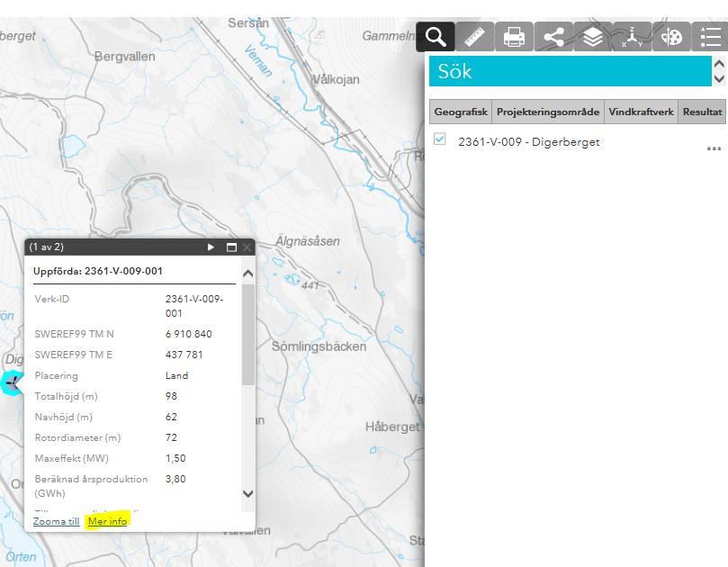 listas alla tillhörande vindkraftverk under informationen om projekteringsområdet.