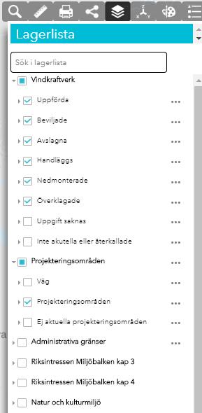 3.2.6 Lagerlista I lagerlistan finns alla kartlager som är tillgängliga i Vindbrukskollen. Nedan finns kortare förklaringar till några av de olika kartlagren.