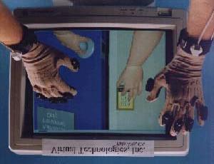 Taktilt gränssnitt CyberTouch features small vibrotactile stimulators on each finger and the palm of the CyberGlove.