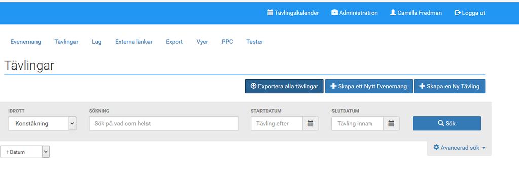 2.13 Export av kalender inkl tekniska funktionärer Export över alla inlagda tävlingar kan