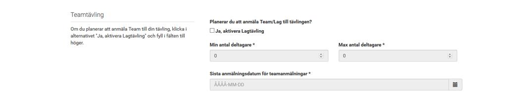 14. Om det är en synkro-, par- eller isdanstävling ska rutan för att kunna anmäla lag kryssas i.