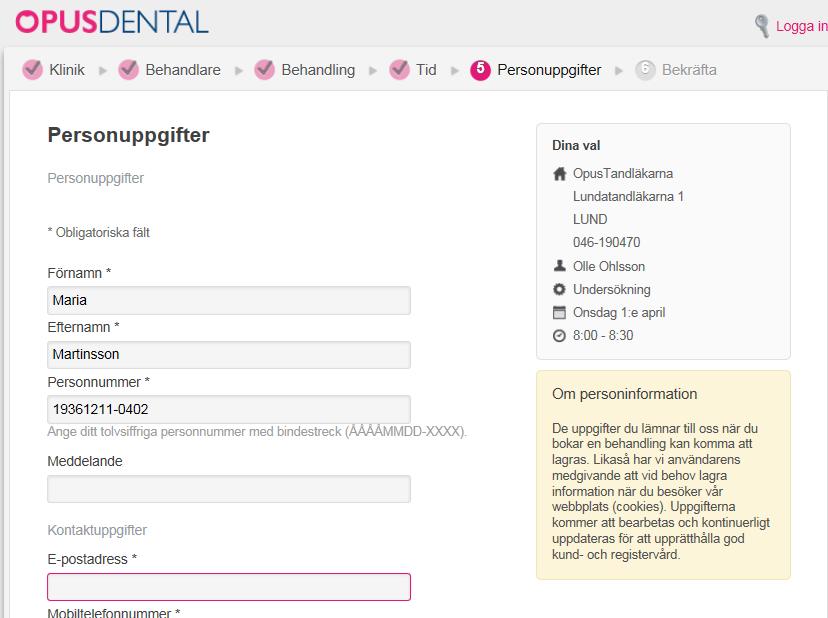 Patientinfo text är den text som visas i gul ruta i samband med att patienten fyller i sina uppgifter