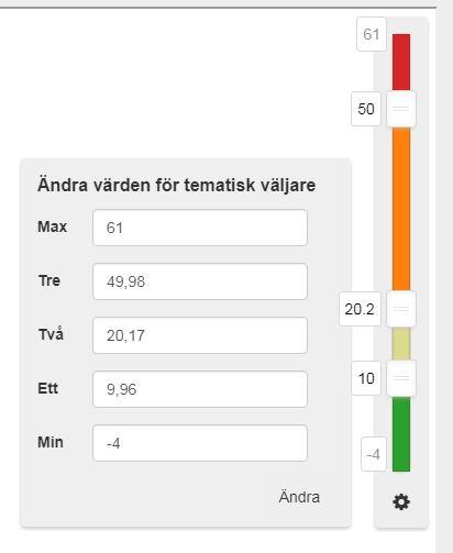 Antingen gör man det genom att dra i markörerna mellan färgerna (bilden till vänster nedan), eller manuellt ändra intervall genom att först klicka på och sedan skriva in