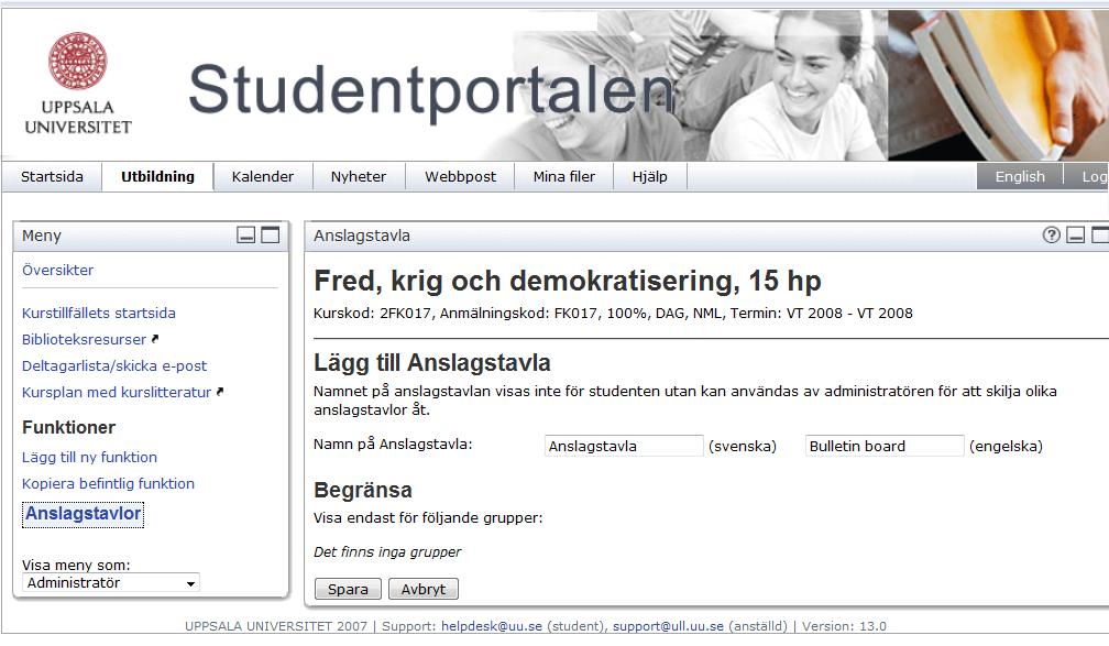 6. Klicka i den tomma cellen för AT i tabellen för att komma åt funktionen Anslagstavla. 7. Ge anslagstavlan ett namn, t.ex. Meddelanden till grupp A.