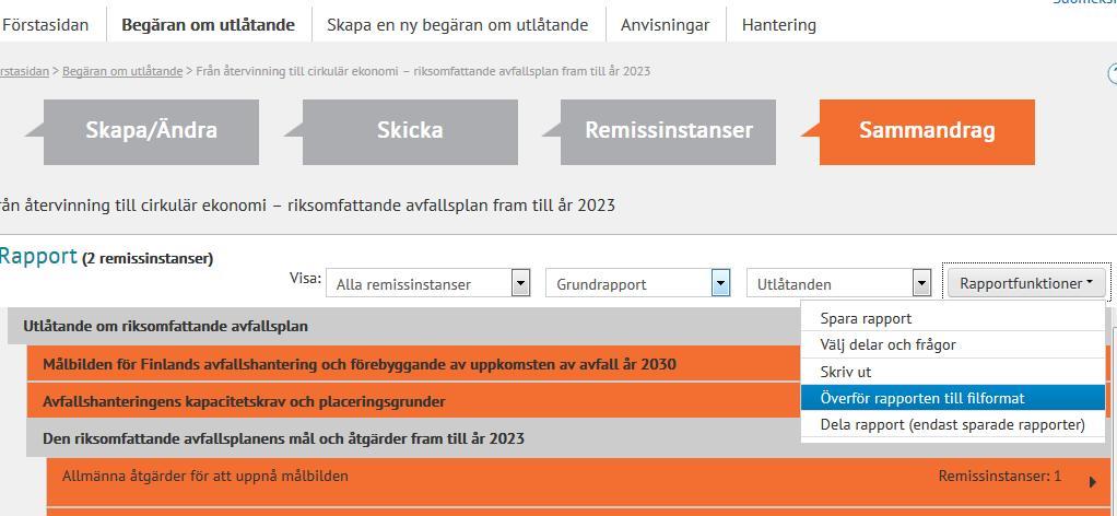 välj filformat (pdf, word eller excel) genom att klicka på ikonen till vänster klicka på Överför till valt