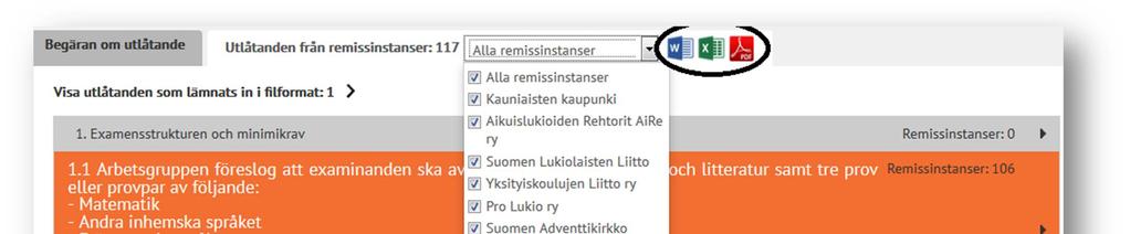 Välj filformat (pdf, word eller excel) genom att