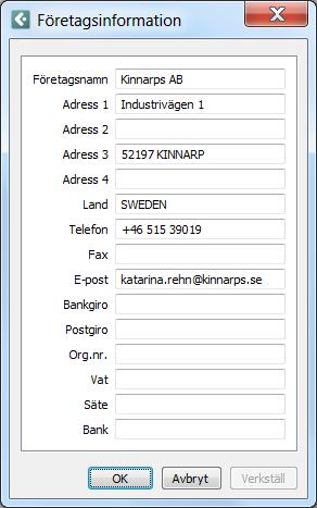 Företagsinformation: Ange ert företags adressinformation.