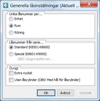 Lås inställningar i Configura Unika låsnummer per Enhet: lås nummer per enhet, slumpvis. Rum: lås nummer per rum, slumpvis. Ritning: alla skåp/hurtsar på ritningen får samma lås nummer, slumpvis.