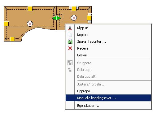 Ändra förval av koppling/benförslag på bord Ibland passar inte det kopplingsalternativ som Configura ger per automatik kundens önskemål och man behöver ändra. Detta görs via Manuella kopplingssvar.