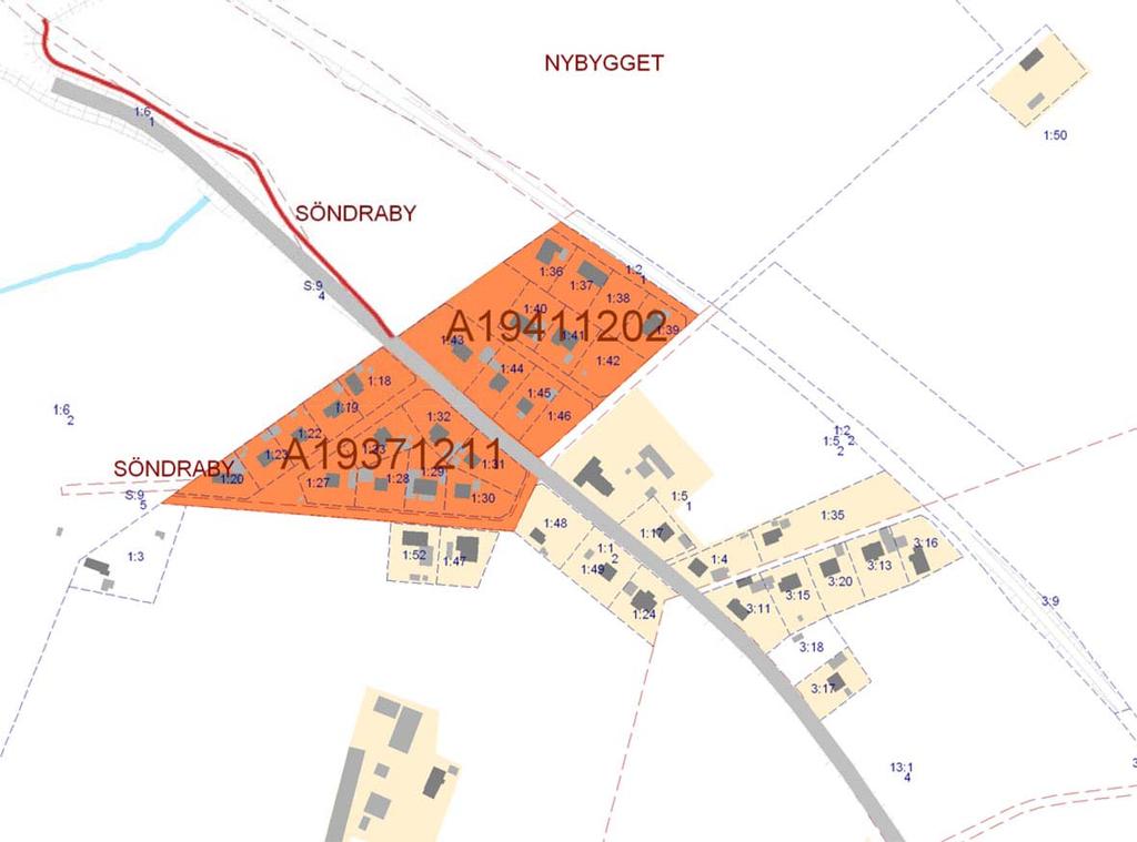 Gällande detaljplaner inom Nybygget. Aktuellt planområde omfattas av del av avstyckningsplanen A19411202.