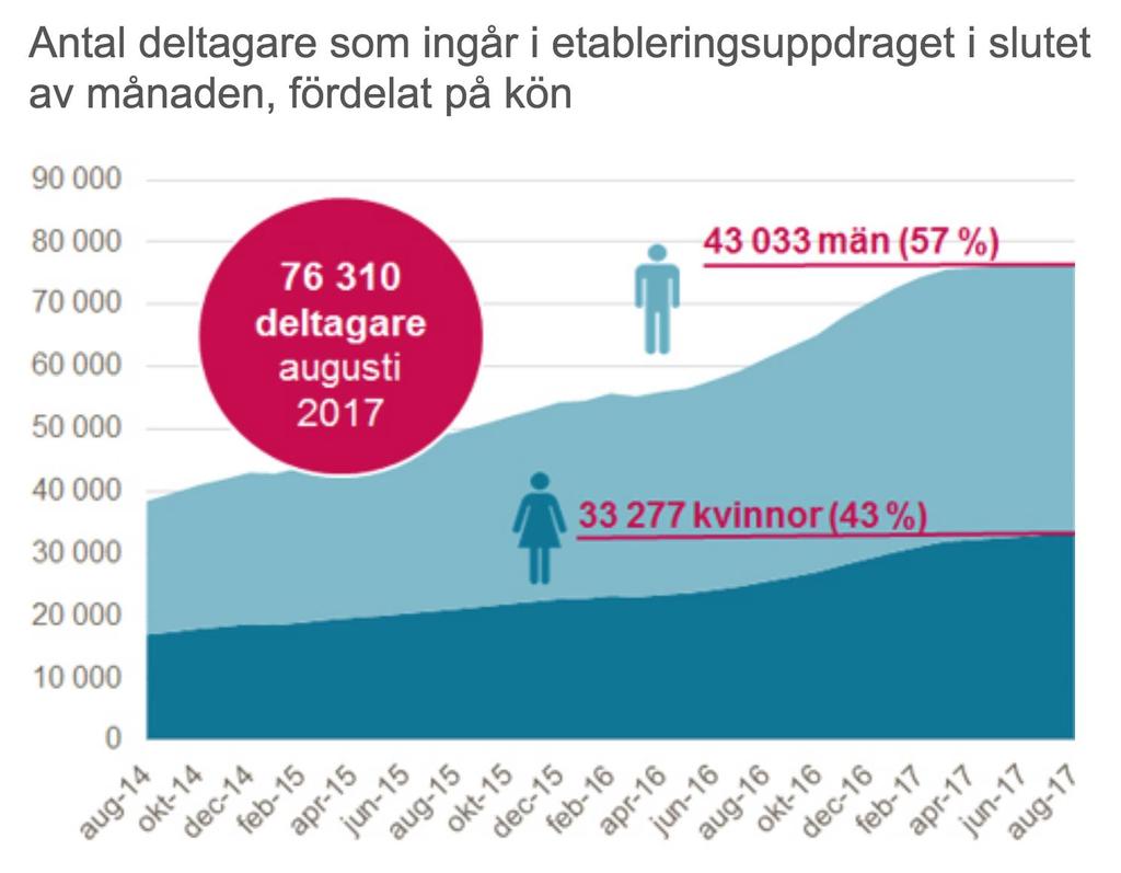 I Arbetsförmedlingens etableringsfas augusti 2017-79 sedan februari + 117 sedan februari > 73 % (> 61%) under 40 år 19 %