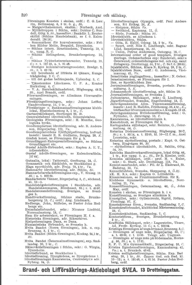 o - till 320 Föreningar och sällskap. Föreningen Konsten i skolan, ordf.: C. G. Lau: Idrottsföreningen Olympia, ordf. Paul Andarsrin, Bellmansg. 6, 3 tro ö. g., Sö. SoD, S:t Eriksg. 26, K.