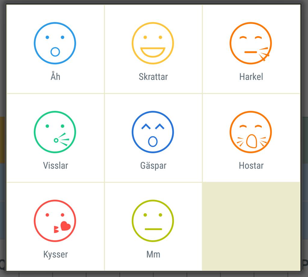 Klicka på Känsloikoner så får du upp en lista med upp till nio val.
