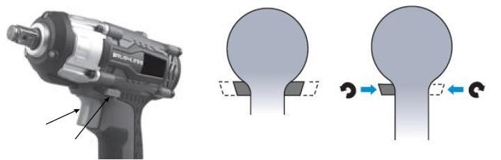 ON/OFF och rotationsval ON/OFF Rotationsväljare Rotationsväljare Mittposition/låst Val av höger- eller vänserrotation Mutterdragaren startas och stoppas genom att trycka på strömbrytaren eller släppa