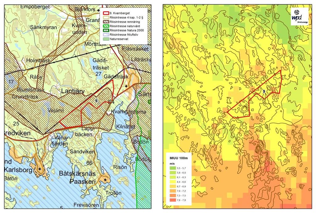ALTERNATIV Område 9 Kvarnberget, Kalix kommun Området utgörs huvudsakligen av skogsmark med inslag av våtmark/sjöar, och bedöms rymma ca 13 vindkraftverk.