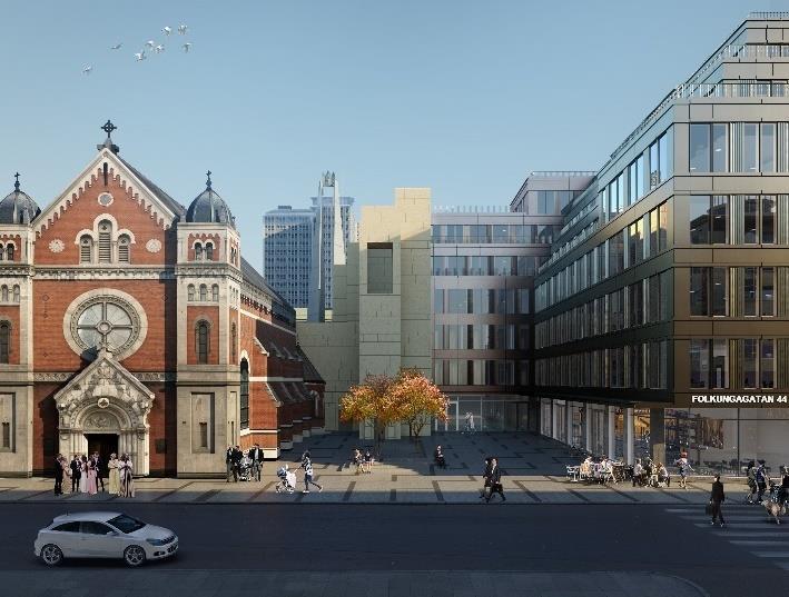 Platsbildningen ska utformas som en mångfunktionell hårdgjord yta som kan brukas både för ceremonier och som en social mötesplats för kyrkan samt för entréplats till kontorshuset med möjlighet för