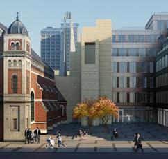 Påbyggnaden utformas i fyra våningar där den övre våningen är indragen från kyrkan. Bostadshuset nås via ett trapphus i sju plan mot den nya platsbildningen i norr.