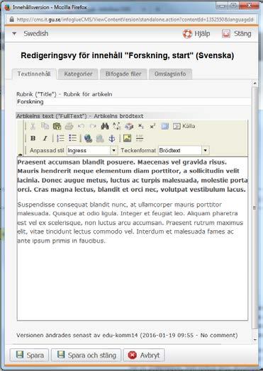 b) Klicka på din webbplats och sedan Forskning i trädet till vänster för att visa sidan. c) Nu ser du en förhandsvisning av sidan Forskning. I mitten av sidan finns den text du ska redigera.