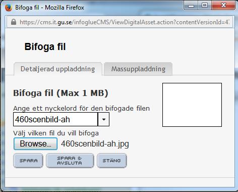 c) Klicka på fliken Bifogade filer ovanför fältet Rubrik. d) Klicka på Bifoga ny fil för att ladda upp bildfilen. e) I fönstret Bifoga fil som kommer upp klickar du på knappen Välj fil (Browse).