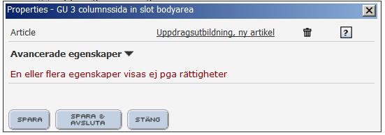 k) Du har nu kommit tillbaka till sidan du länkade in den nya artikeln till. Du har också fått upp en egenskapsruta, Properties, för den nyskapade artikeln.