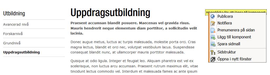 8A - Lägg till textblock Till skillnad från mittenkolumnen går det inte att direkt lägga in en text i högerkolumnen. Först måste du lägga till en komponent.