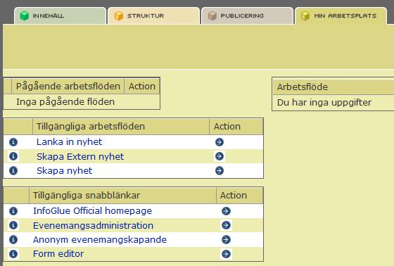 a) Klicka på fliken Min arbetsplats och sedan på länken Skapa nyhet. b) Välj vilken nyhetsrulle nyheten ska publiceras i. Klicka för nyhetsrullen Kursdeltagare Infoglue och sedan Fortsätt.