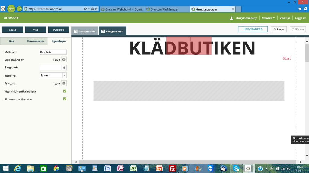 Centrera texten med knappen Centrera till vänster. Välj storlek 80 fet text och färg röd genom att klicka Textfärg <ABC>och dra strecket upåtför att få en lämplig färg i rektangeln.