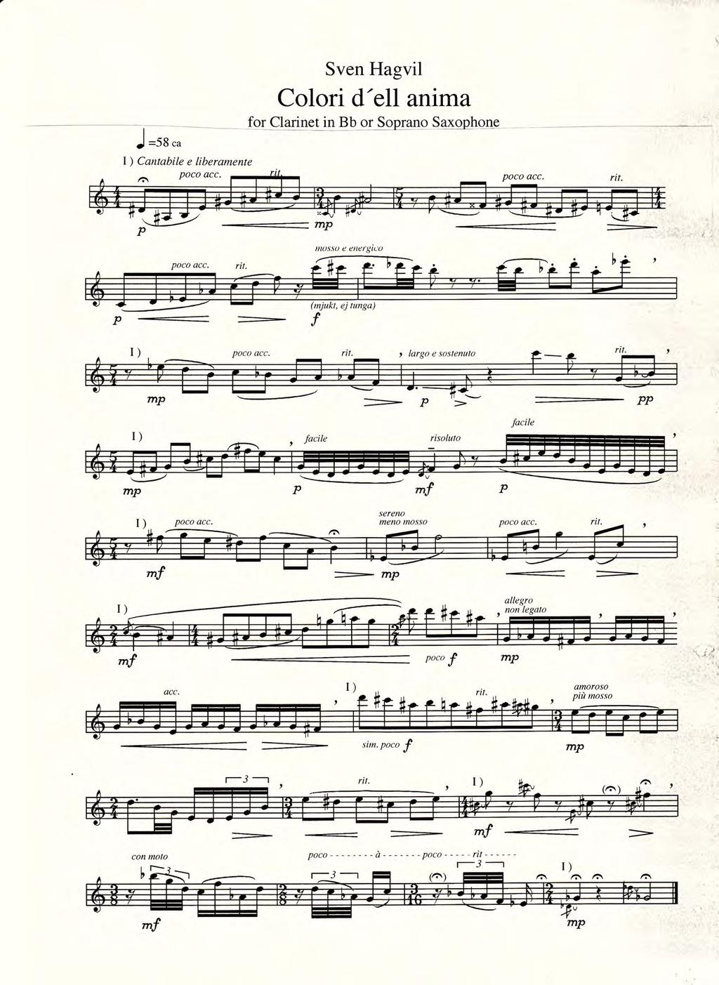 J =8 "u l) Cantabile e liberamente Sven Hagvil Colori d'ell anirna _ Jor Clarinet in Bb oflapl4_qq SeaqphqLe mp poco acc.