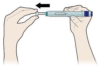 Steg 2: Gör dig beredd (E) Dra det vita nålskyddet rakt av från injektionspennan, men inte förrän du är redo att ge injektionen. Injektionen måste ges inom 5 minuter.