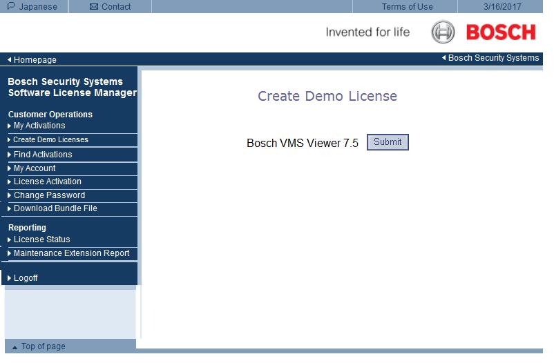 Bosch Video Management System Första stegen sv 11 2. Klicka på Skapa demolicens. 3. I listan med demolicenser klickar du på Skicka för att skapa en demolicens för Bosch VMS Viewer. 4.