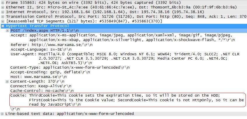 Figur 7. Klienten skickar tillbaka kakorna vid varje efterföljande HTTP-begäran. Figur 8. Om HttpOnly-flaggan ej är satt, kan kakan läsas med JavaScript. 2.3.