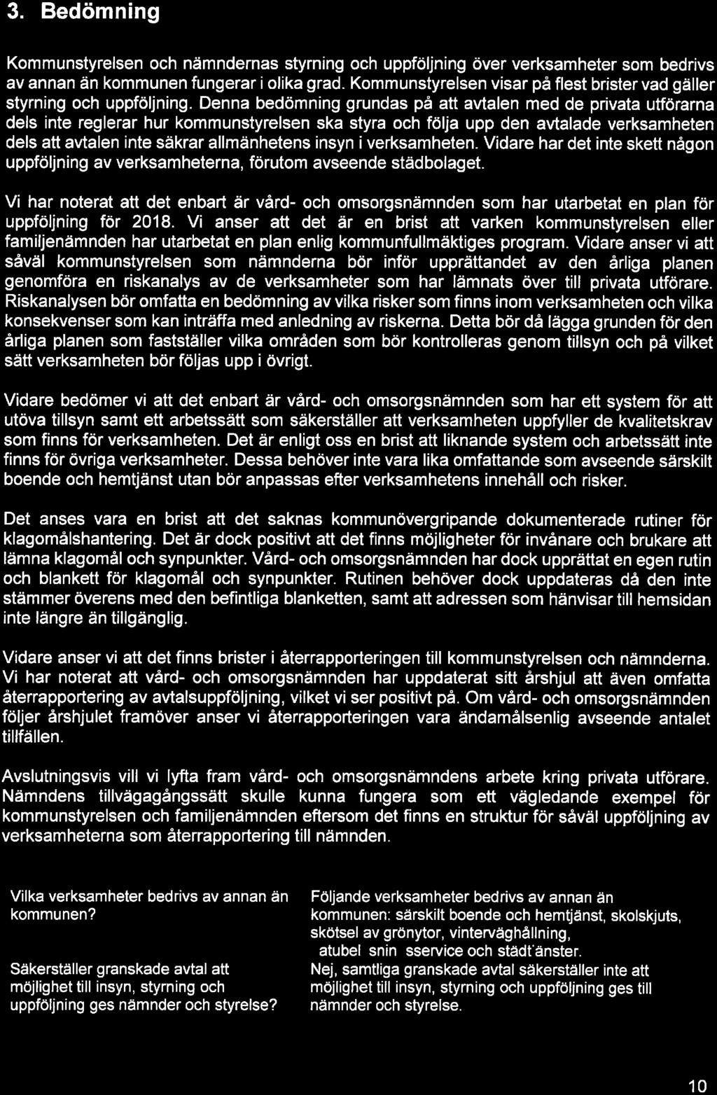 B ui Id ing a better worhing world 3. Bedömning Kommunstyrelsen och nämndernas styrning och uppföljning över verksamheter som bedrivs av annan än kommunen fungerar i olika grad.