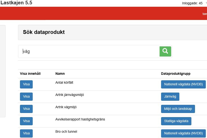 Visa dataproduktslag Dataprodukterna delas in i tre dataproduktslag: - Vägdata - Järnvägsdata - Vägdata Homogeniserade företeelser Vägdata delas i sin tur upp i ett antal dataproduktgrupper: - Bro