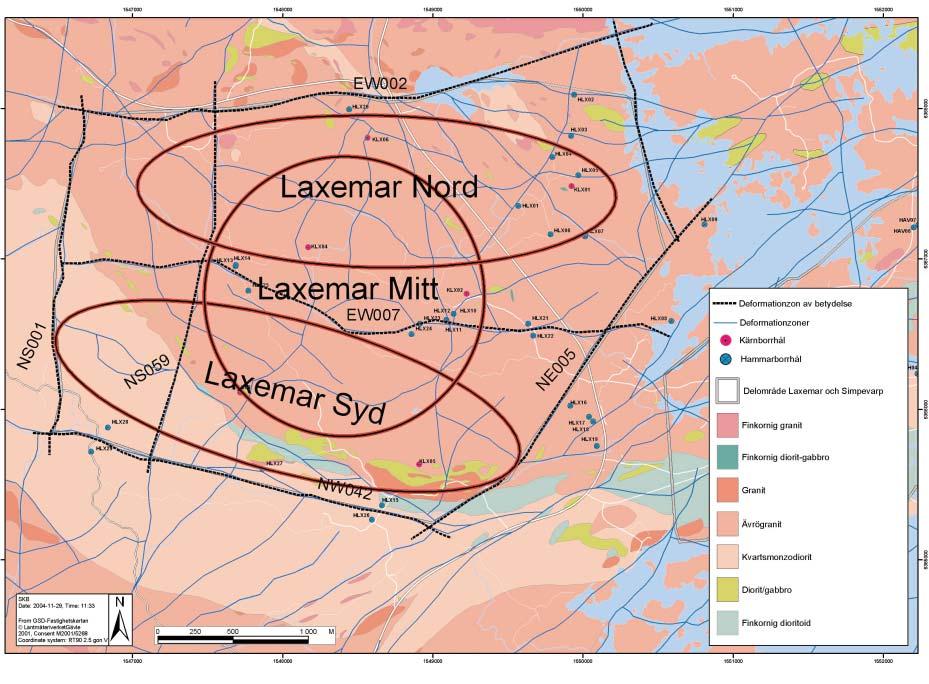 Laxemarområdet: Laxemar Mitt, Laxemar Syd och Laxemar Nord, se figur 2-10. Laxemar Mitt bedöms vara det mest gynnsamma delområdet.