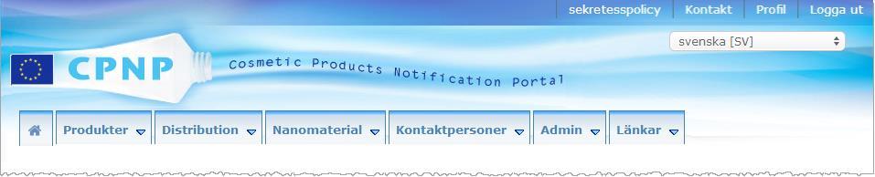 Gränssnittet CPNP:s ingångssida Ingångssidan och andra skärmbilder kan se lite olika ut beroende på vilken användarprofil du har (dvs. ansvarig person eller distributör).