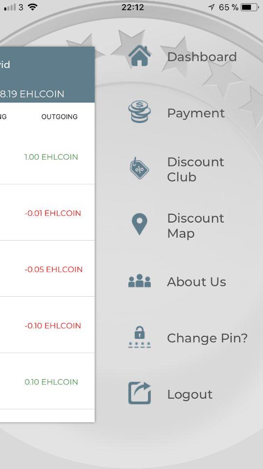 Huvudmenyn i appen och dess funktioner Dashboard : Överblick med saldo och senaste in och utgående transaktionerna. Payment : Klickar man på för att skicka EHLCOIN till en annan person.