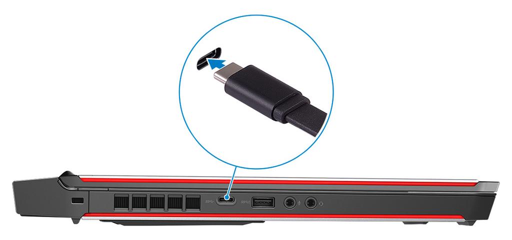 4 Anslut USB Type-C till Type-A-dongeln till Thunderbolt 3 (USB Type-C)-porten på baksidan av datorn. 5 Anslut Oculus Rift-spåraren till USB Type-A porten på den vänstra sidan av datorn.