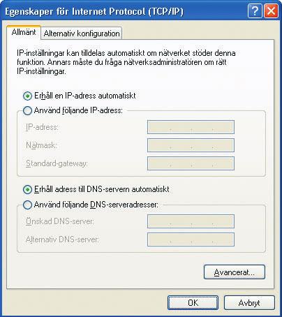 Se till att Erhåll en IP-adress automatiskt och Erhåll adress till DNS-servern automatiskt är förbockade.